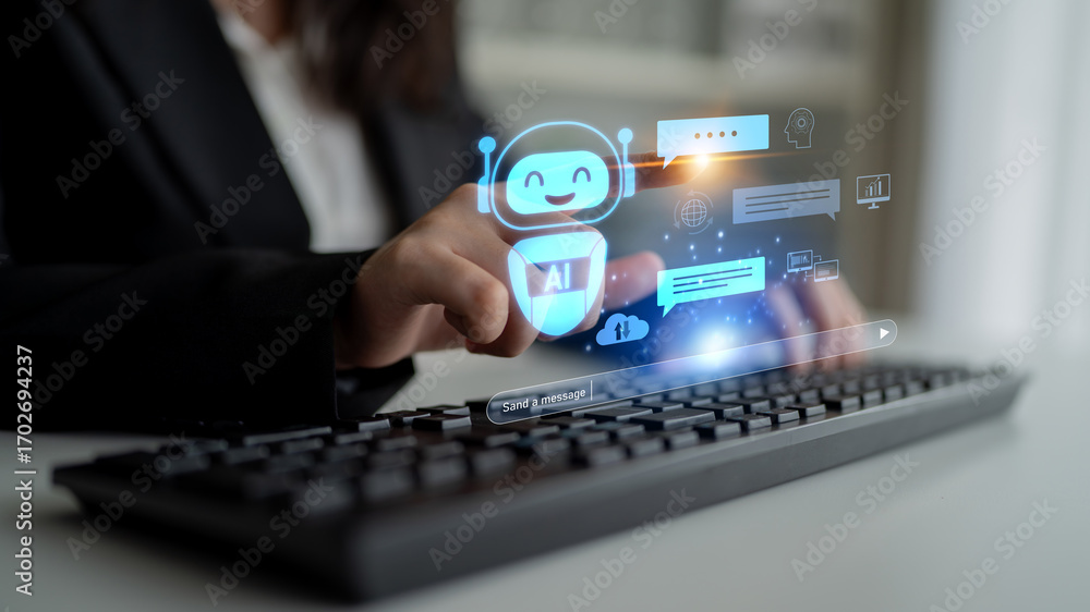 Poster ai chatbot improves virtual assistant interaction. ai chatbot processes text, supports users, ai cha