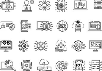 Information Technology Icon Set. Vector Illustrations IT Manager, Data Analytics, Digital Data, IT Management, Internet, Network Security, Software Development, Mobile Apps, and More