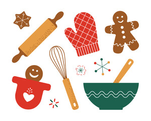 Christmas baking ingredients and tools flat lay illustration