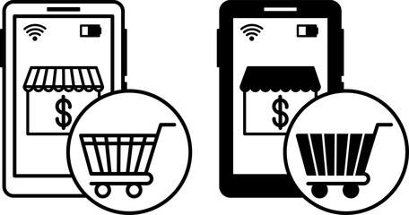 Online Shop Icons. Black and White Vector Illustration. Mobile Phone, Store, and Shopping Cart. Website or App for Online Shopping. Digital Marketing Concept