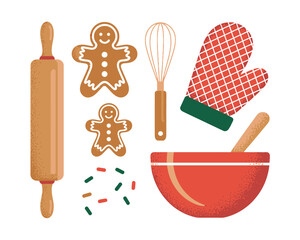 Christmas baking supplies with gingerbread cookies and utensils