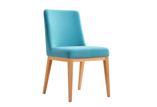 Light teal blue upholstered dining chair with light wood legs