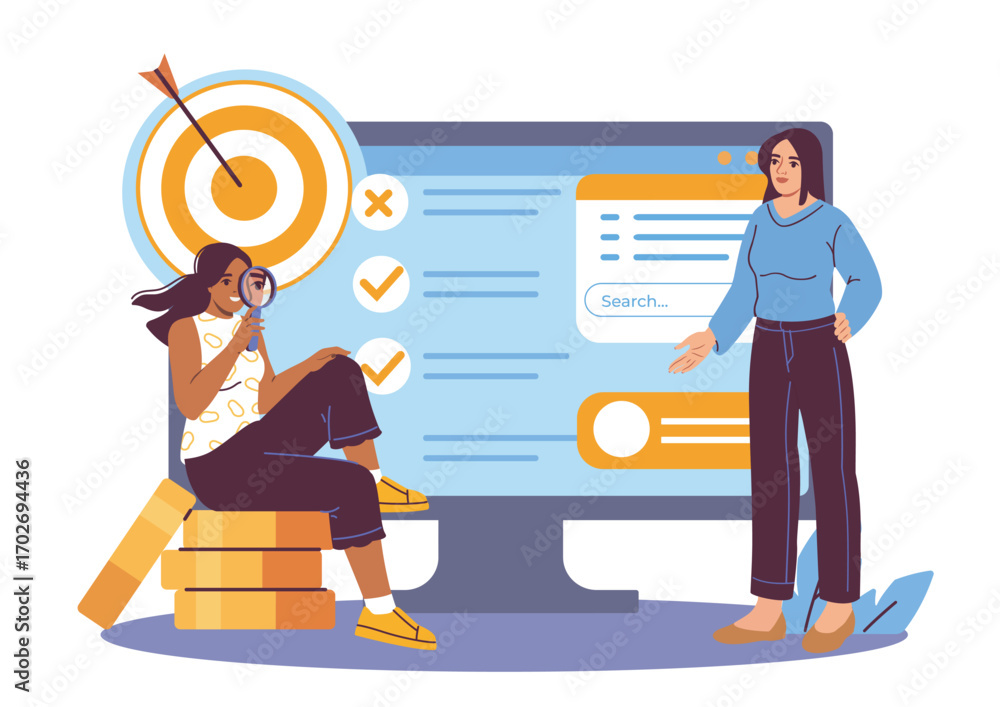 Poster two women analyzing data on a large screen with checklists and search tools, flat graphic style on w