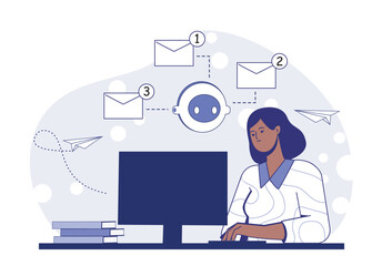 Woman working at a computer desk while AI chatbot manages incoming email messages, with paper planes and books on soft abstract background. Vector illustration