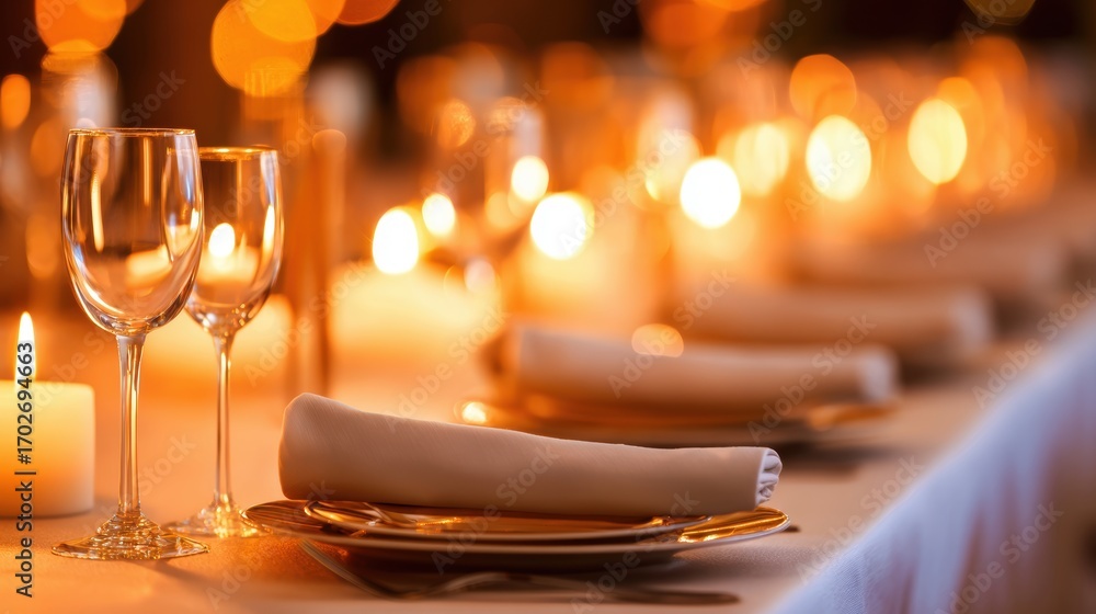 Poster elegant dining setup with candles and glasses, creating a warm atmosphere for a special event