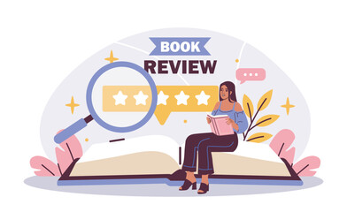 Woman holding a book sitting on giant open book with magnifying glass, stars, and review text in flat colorful style on white background. Concept of book feedback. Vector illustration