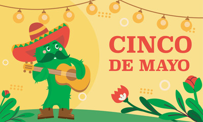Cartoon cactus wearing sombrero and playing guitar, festive flat style on yellow background with lights and flowers. Concept of Cinco de Mayo. Vector illustration