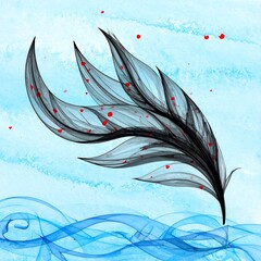 Dark, translucent feather floats over rippled water, dotted with red