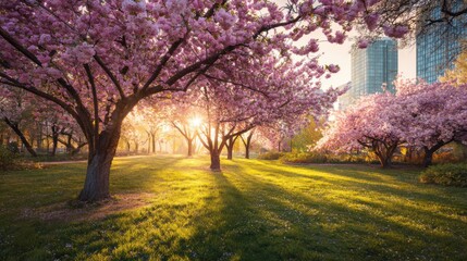 Fototapeta premium Spring blossoms in park at dawn
