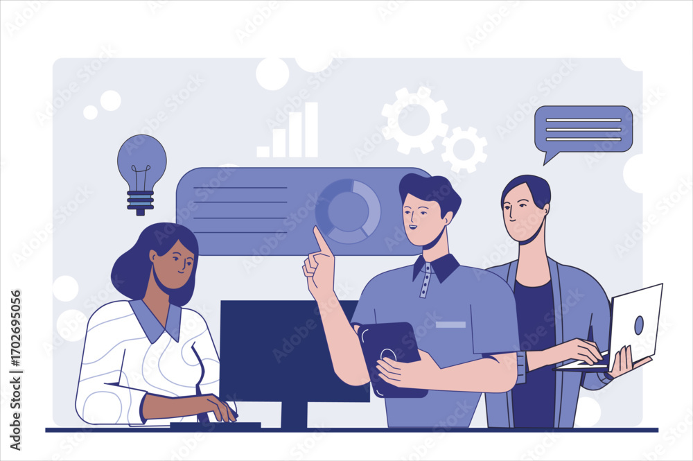 Poster group of office workers analyzing data together in a modern graphic style, on a light abstract backg