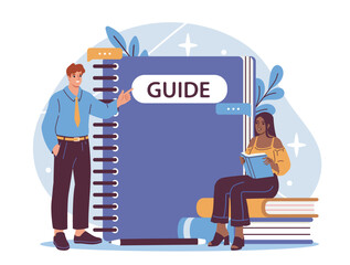 A man pointing at a large spiral-bound guidebook while a woman sits reading beside it, cartoon style on a white background. Concept of learning and instruction. Vector illustration