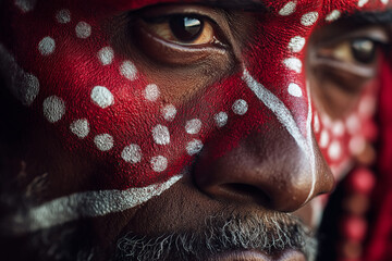 Close-up of an African man with white dots and red shapes painted on his face