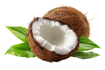 Two coconuts, one halved, with green leaves (1)