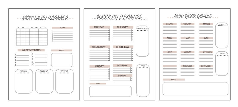 Minimalist monthly, weekly, and yearly planner templates with to-do lists, goal sections, and notes on a clean white background. Concept of time management. Vector illustration