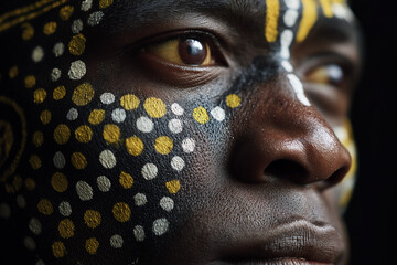 Close-up of an African man with white dots and red shapes painted on his face