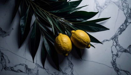 Lulav and Etrog Composition on Marble Surface. Sukkot concept. Generated Image
