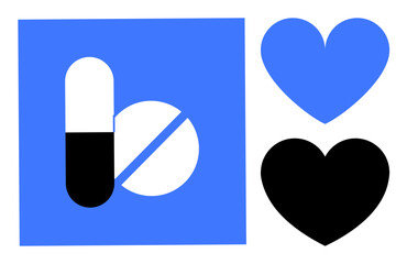 Pill and tablet inside a blue square alongside blue and black hearts. Ideal for healthcare, medicine, pharmacy, wellness, love, medical support, mental health. Simple landing page