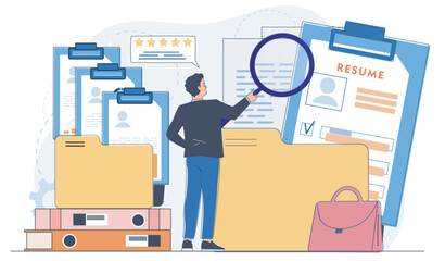 Male recruiter analyzing resumes with magnifying glass, surrounded by folders, CVs, office supplies on abstract background. Concept of recruitment. Vector illustration