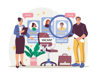 HR professionals analyzing candidate profiles on screens with a vacant chair in front, flat style, white background. Concept of hiring and recruitment. Vector illustration