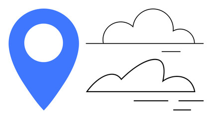 Blue map pin next to outlined clouds, suggesting travel, geography, weather, and journey. Ideal for navigation, travel apps, outdoor activities, tourism direction weather updates simple flat