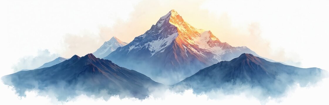 Serene watercolor painting of Mount Kailash in Tibet. Sacred peak spirituality, majesty, peace. Travel adventure destination shows beauty, calmness, harmony. Snow mountain range art panorama with