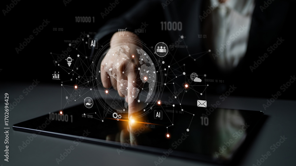 Poster global ai-powered digital network ecosystem connecting data, finance, analytics, ecommerce, communic