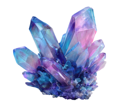 Cluster of iridescent crystals, vibrant blues and pinks