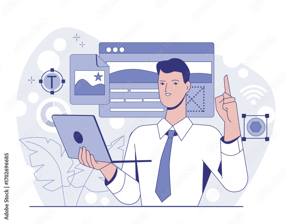 Poster businessman holding laptop and pointing up surrounded by web interface elements, flat style on abstr