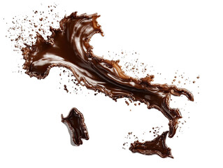 Dark liquid in the shape of Italy.  Splashes and drips.  Rich, dark brown color