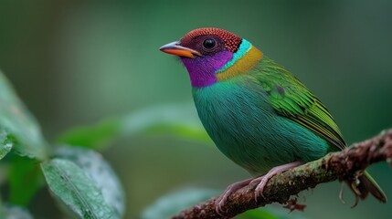 Vibrantly colored bird with red head and iridescent plumage perched on a branch