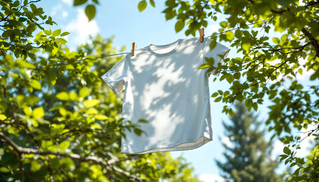 Clean White T shirt Drying on a Clothesline Amidst Lush Green Tree Branches and Bright Blue Sky - Powered by Adobe