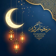 A warm and inviting image of Ramadan Kareem, featuring a crescent moon, ornate lanterns, and calligraphy.