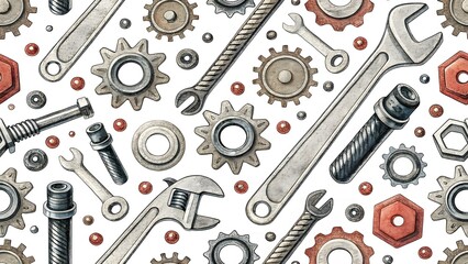 Mechanical Tools and Gears Watercolor Pattern, Vintage Style Background with Wrenches, Nuts, Bolts, and Gears