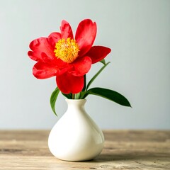 Vibrant red camellia in white vase