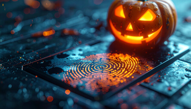 Halloween pumpkin and Fingerprint: A spooky scene featuring a carved pumpkin glowing with an eerie light, paired with a glowing fingerprint. - Powered by Adobe