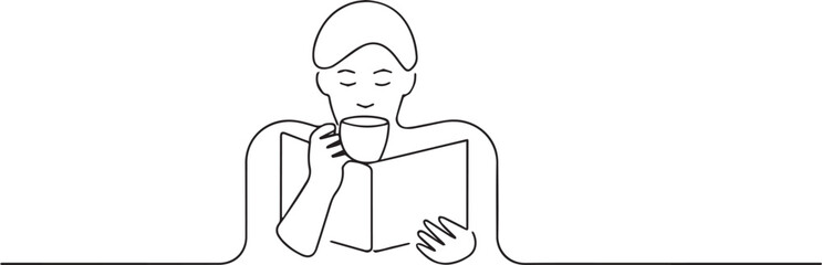 people reading book and eating tea one continuous line art, Vector illustration, One line art, Line art graphic style
