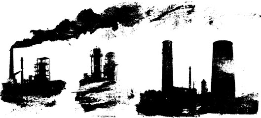 Obraz premium Industrial factories ink silhouette set with smoke and pipes for urban design