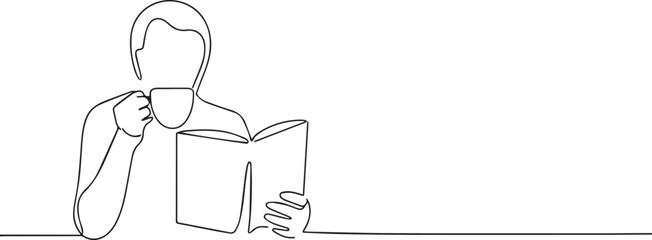 people reading book and eating tea one continuous line art, Vector illustration, One line art, Line art graphic style