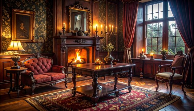 Moody Victorian gothic study with dark wallpaper, ornate wood furniture, candlelight