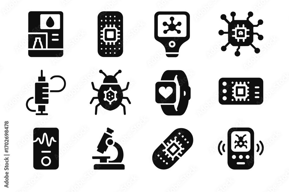 Poster nanosensor injector molecular nanotech diagnostic controller icon capsule chip smart vector icons