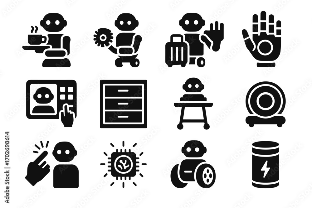 Poster interface household tablet robot container core smart wheels screen mobility vector icon