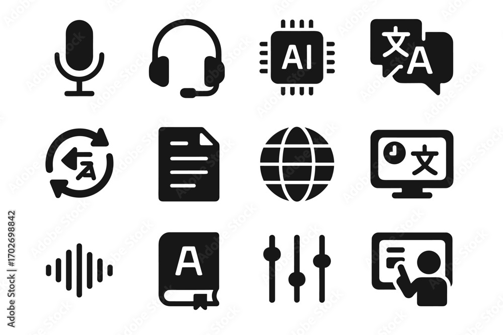 Poster interactive display translator globe dictionary bubble speech screen ai conversation headset vector
