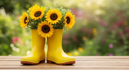 A pair of yellow rain boots filled with sunflowers, placed on a wooden surface, with a blurred garden background.