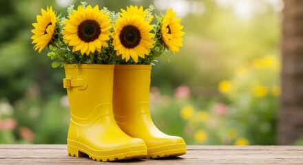 Bright yellow rain boots filled with sunflowers and greenery, set on a wooden surface with a blurred garden background.