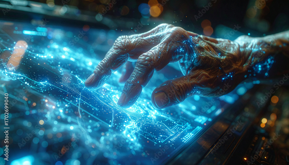 Poster the technological touch: an elderly hand interacts with an interactive high-tech interface, illumina