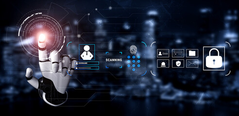 Obraz premium An AI digital security system for user authentication and access control. AI data protection using biometrics and secure login protocols. Motif