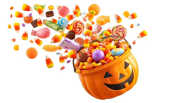 Overflowing halloween pumpkin bucket with candy corn and assorted sweets on white