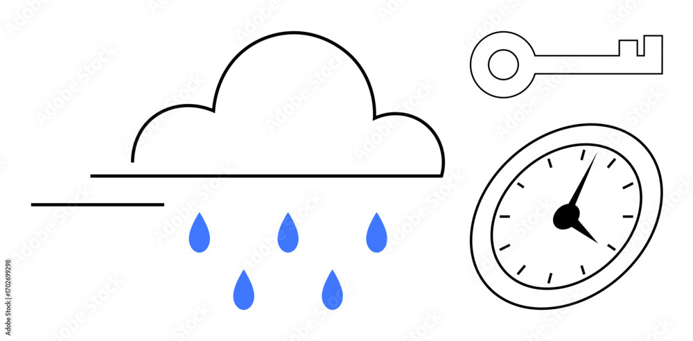 Poster minimalist cloud releasing raindrops, a key symbolizing security, and a clock signifying time. ideal