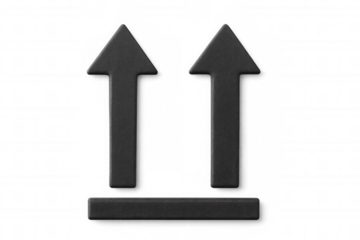 Packaging symbol with two black arrows pointing up on a transparent background, indicating the correct handling position