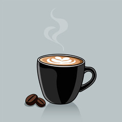 A Steaming Black Coffee Mug With Two Rich Coffee Beans Vector Illustration